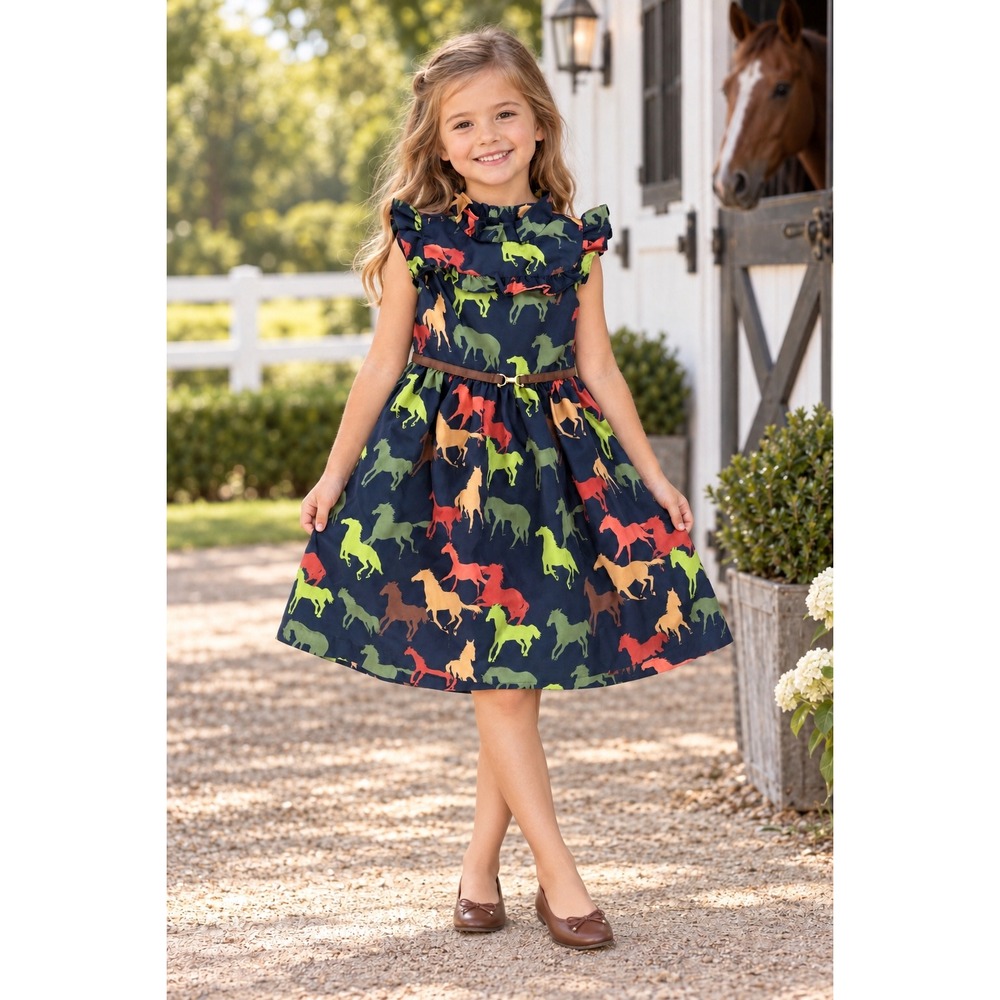 Janie and Jack Equestrian Horse Ruffle Dress Size 5 Belted Old Money Derby